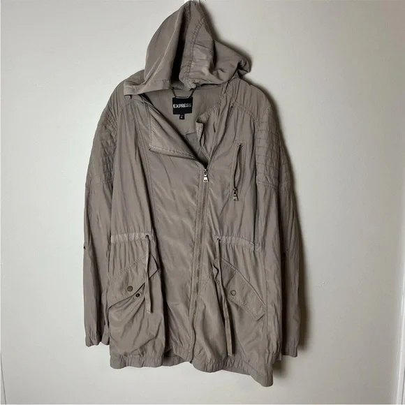 Express Women’s Utility Jacket Size Medium Tan Brown Hooded Full Zip Pockets - Picture 2 of 6